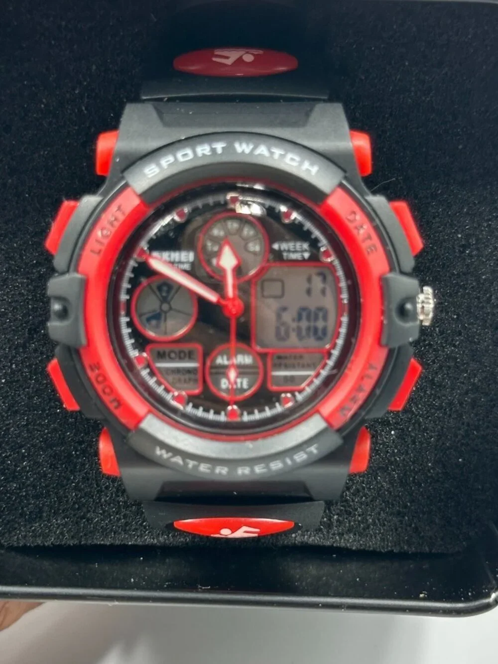 Skmei Digital Watch Men Black Red Round 44MM Backlight New Battery